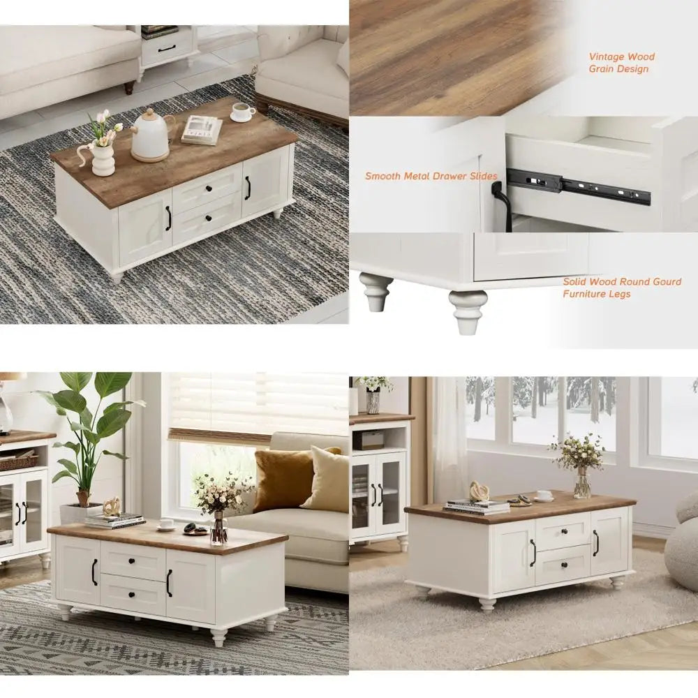 Modern Rustic Wooden Coffee Table with Drawers and Storage