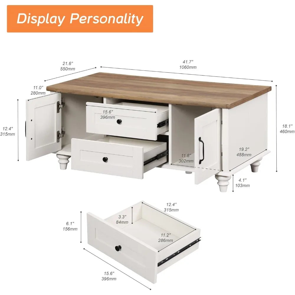 Modern Rustic Wooden Coffee Table with Drawers and Storage