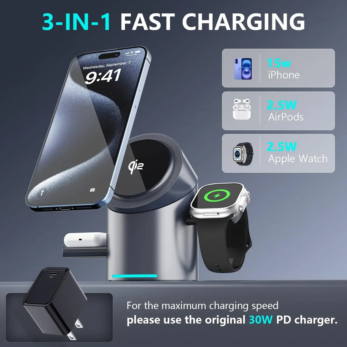 3 in 1 Magnetic Wireless Charging Stand with Auto Rotation