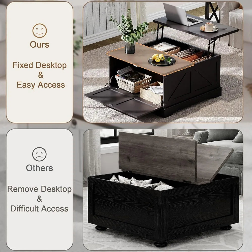 Black Farmhouse Coffee Table with Hidden Storage