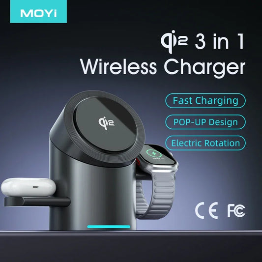 3 in 1 Magnetic Wireless Charging Stand with Auto Rotation