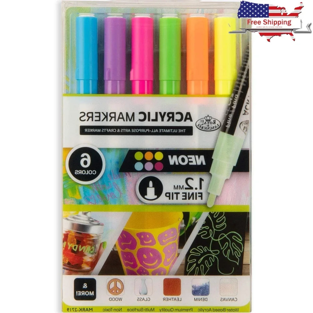 6 Pack Neon Acrylic Markers Non-Toxic