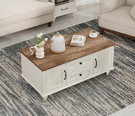 Modern Rustic Wooden Coffee Table with Drawers and Storage