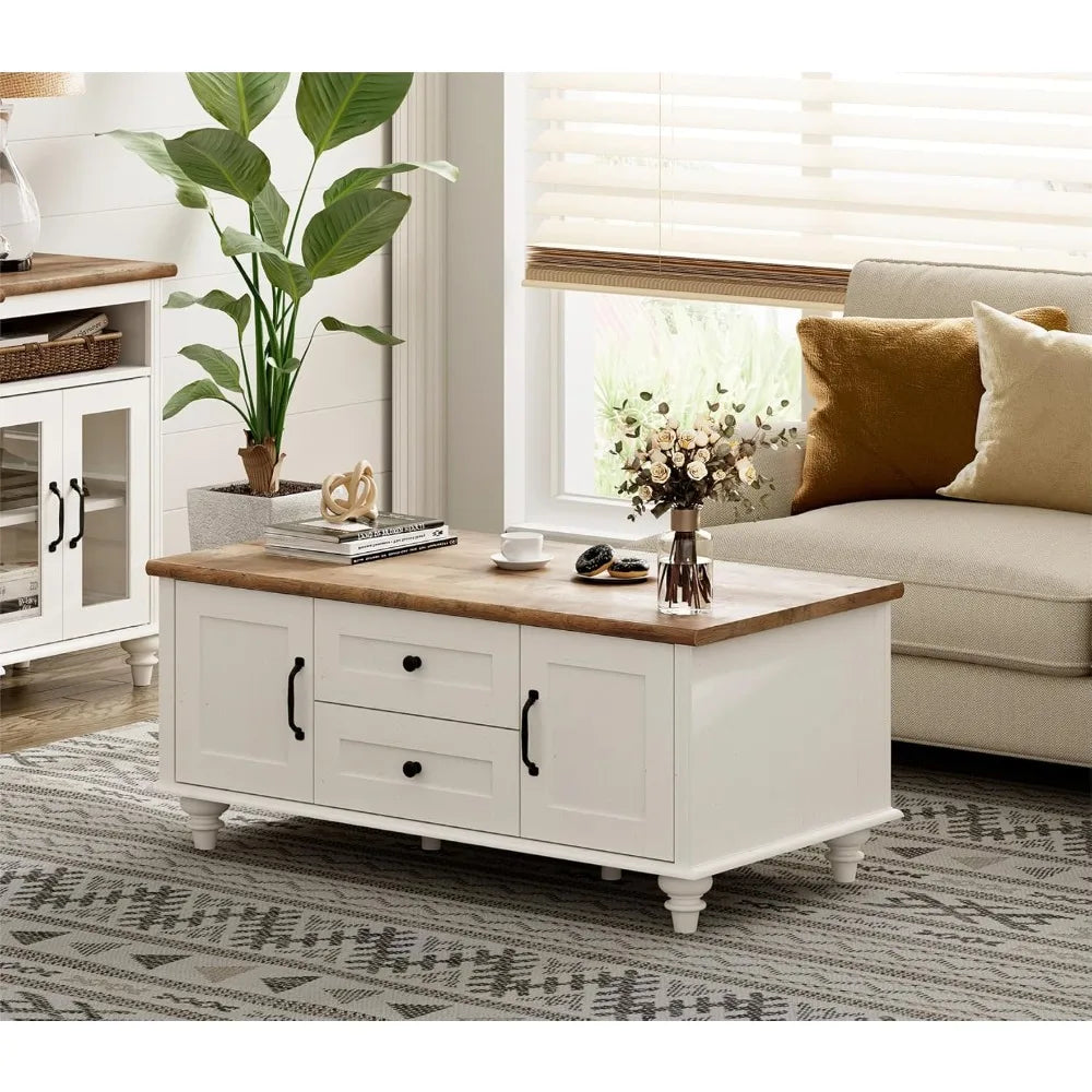 Modern Rustic Wooden Coffee Table with Drawers and Storage